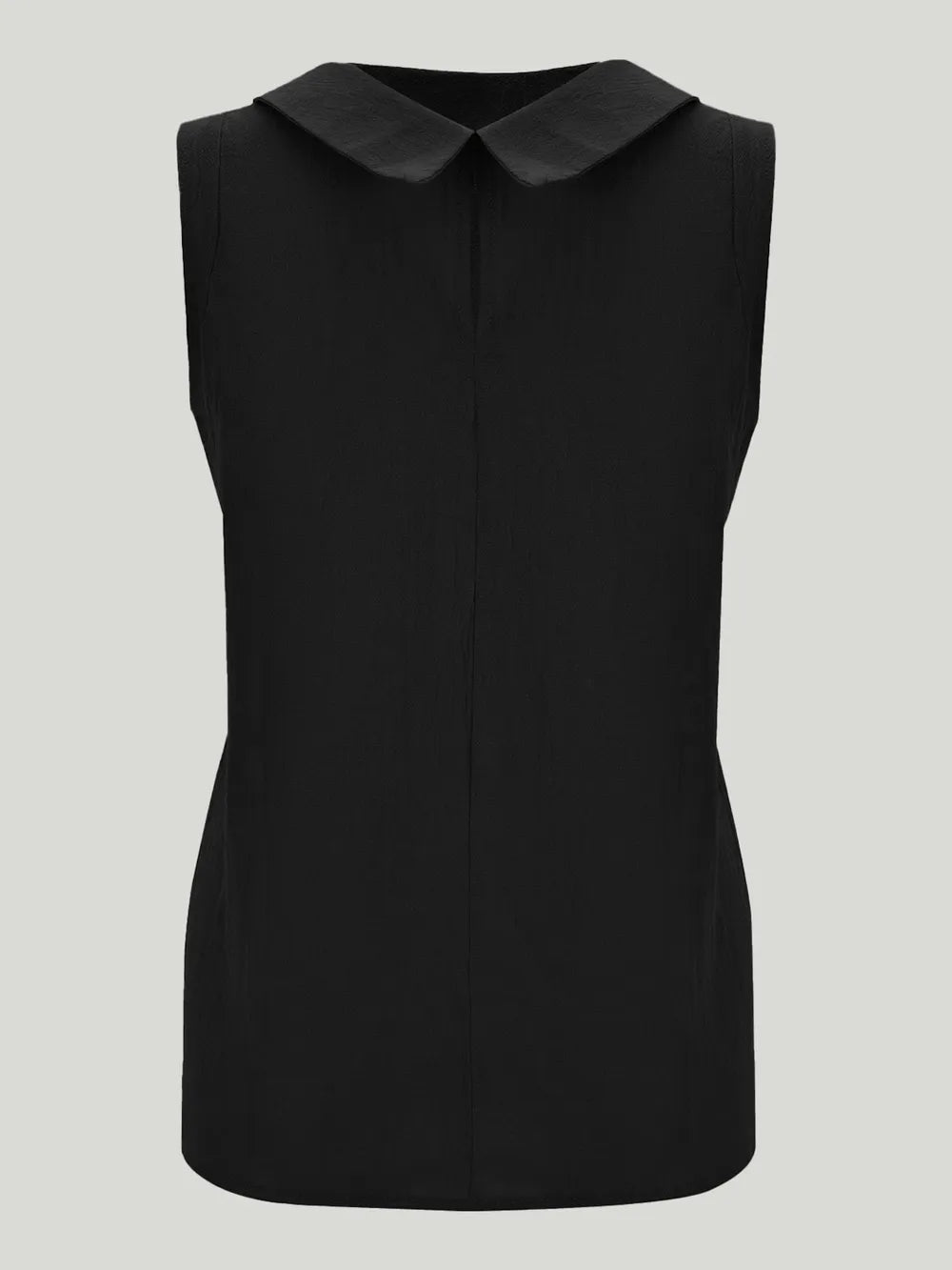 Black sleeveless top with a rounded Peter Pan collar and fitted silhouette, front view