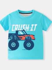 Flat lay front view of a children's pastel blue t-shirt with a navy and orange monster truck graphic