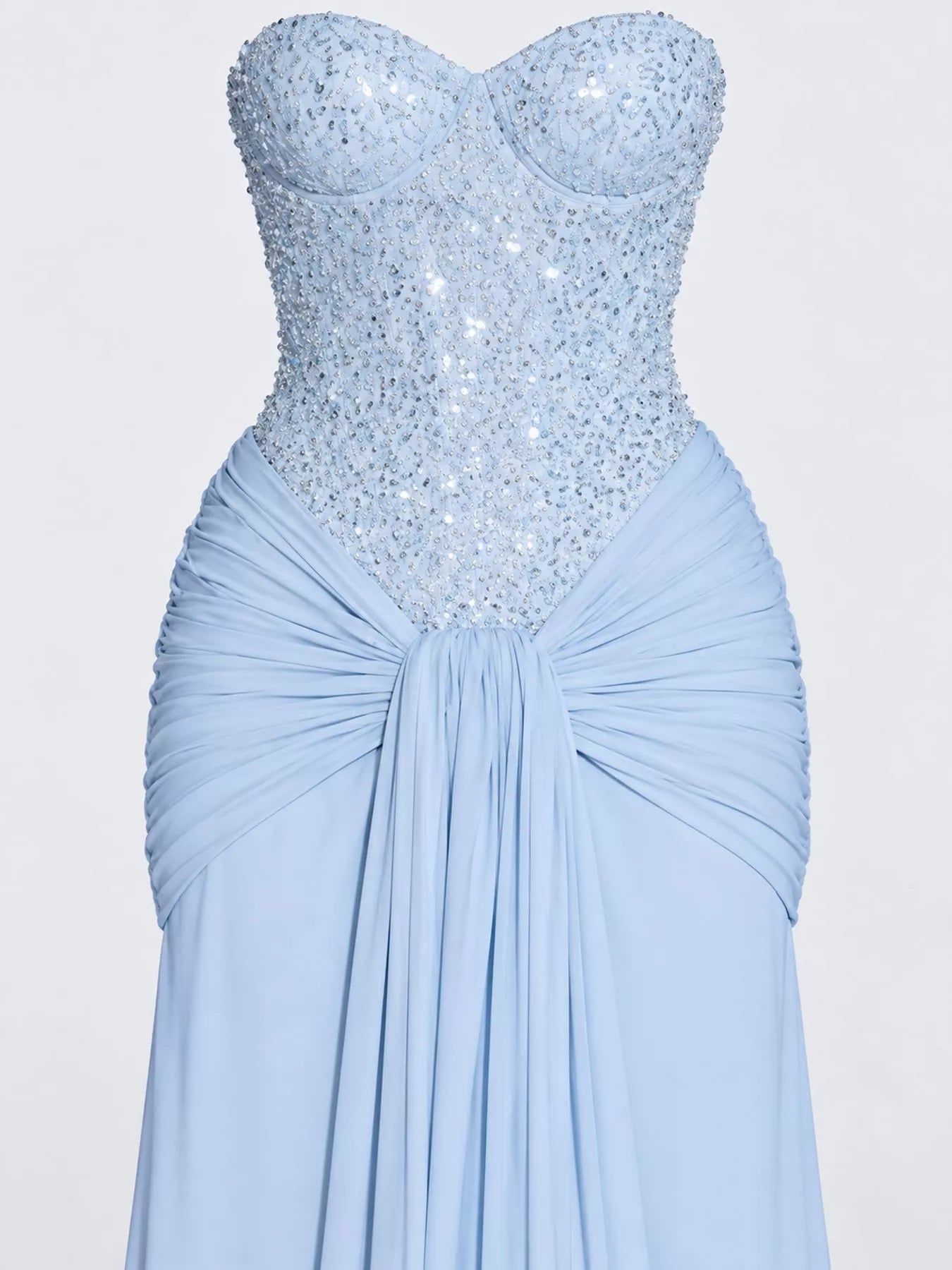 Blue strapless sequin corset bodice and knotted draped waist, close detail view
