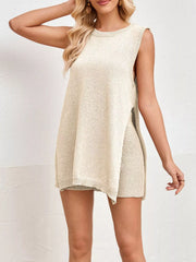 On-model front angle view of a beige side slit tank top and matching knit shorts