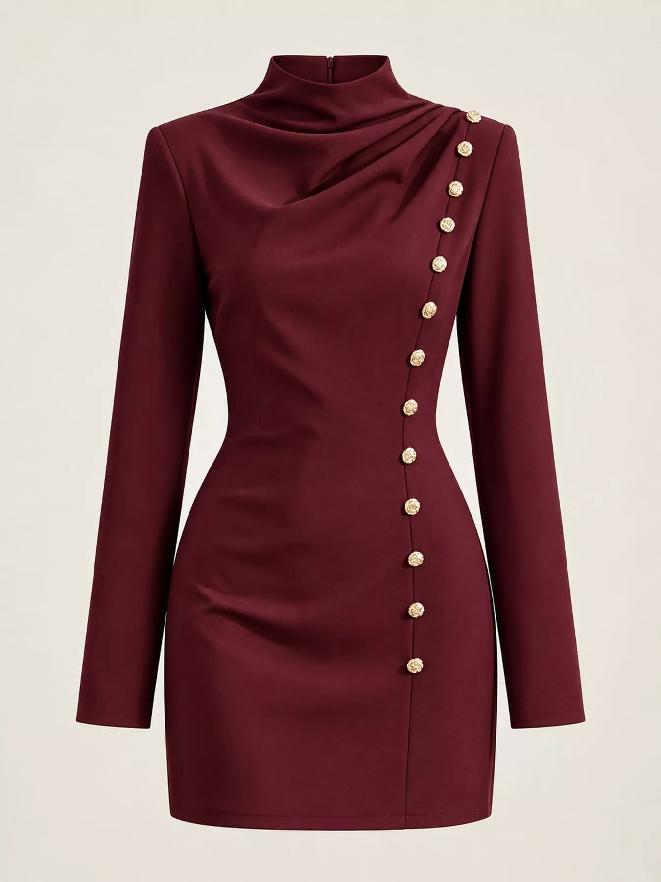 Ghost mannequin front view of burgundy mock neck mini dress with gold decorative buttons and long sleeves