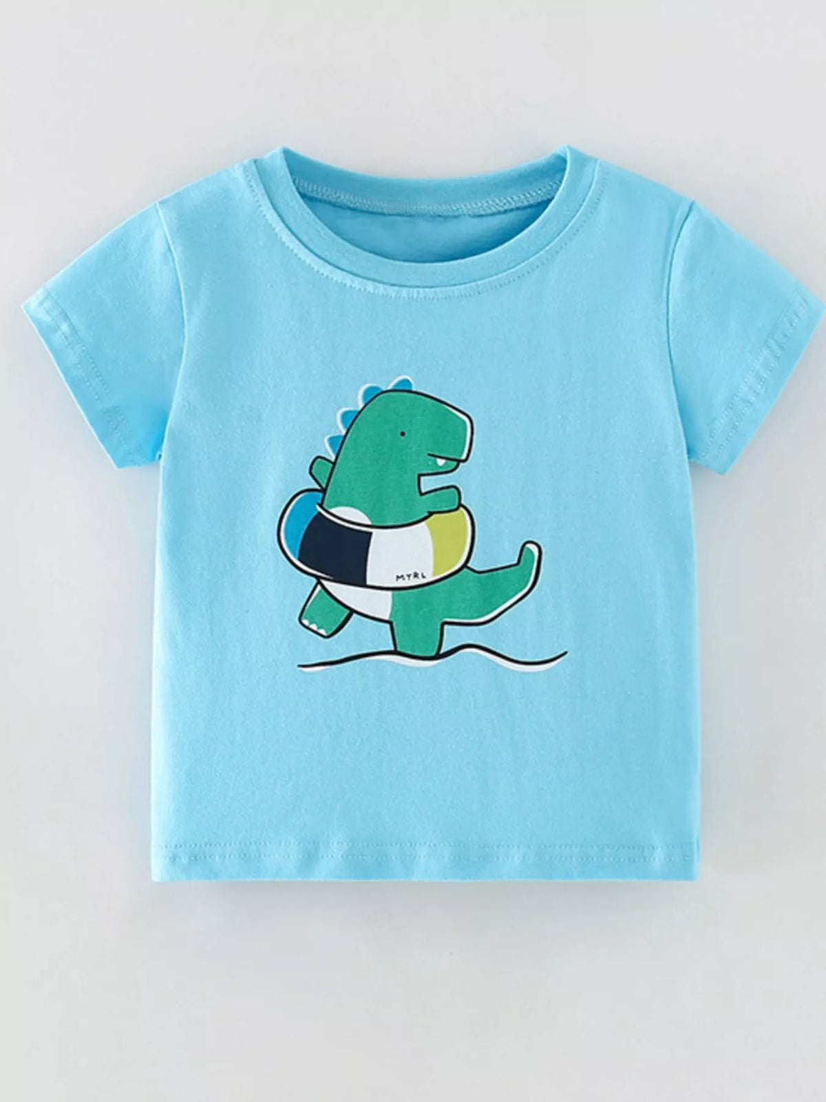 Front view of sky blue children's short sleeve tee with green dinosaur and swim ring graphic
