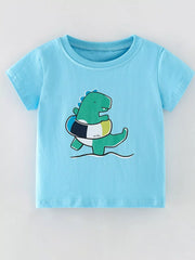Front view of sky blue children's short sleeve tee with green dinosaur and swim ring graphic