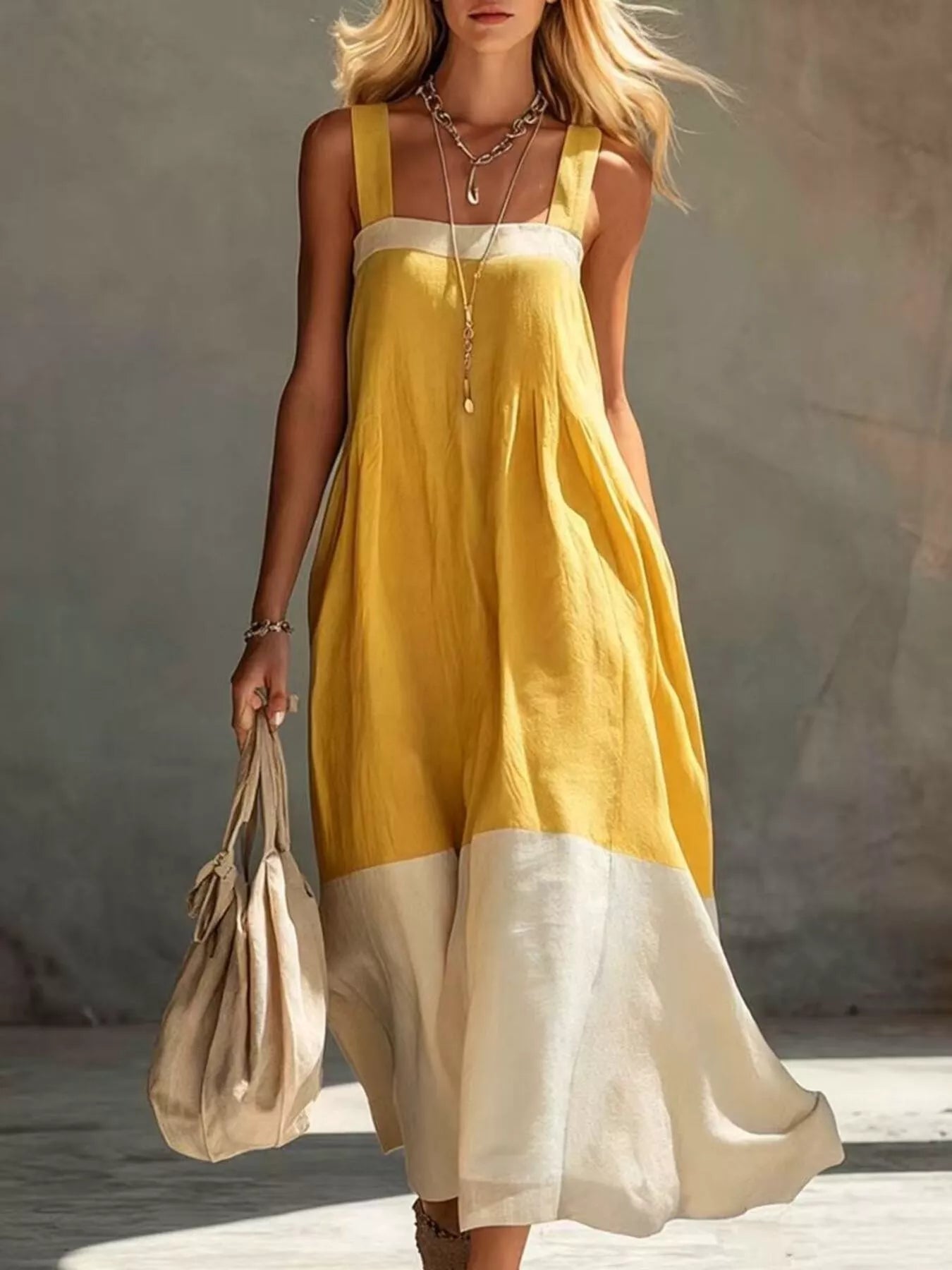 Front full length view on model of yellow color block sleeveless linen blend midi dress