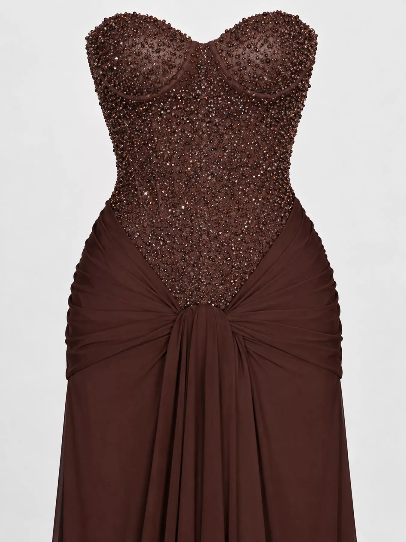 Dark Brown strapless sequin corset bodice and knotted draped waist, close detail view