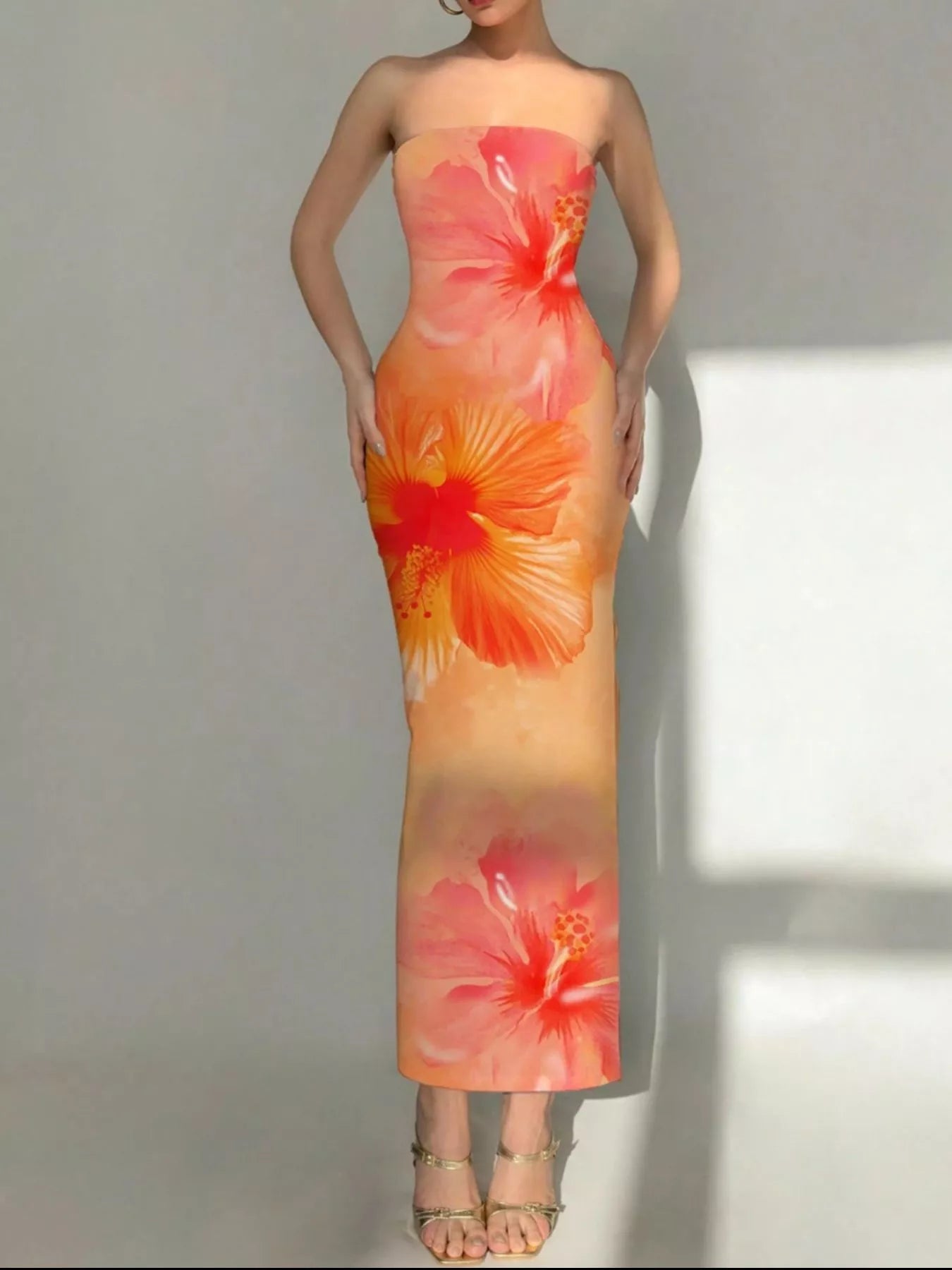 Tangerine tropical flower print bodycon tube dress with large hibiscus flowers, full front view
