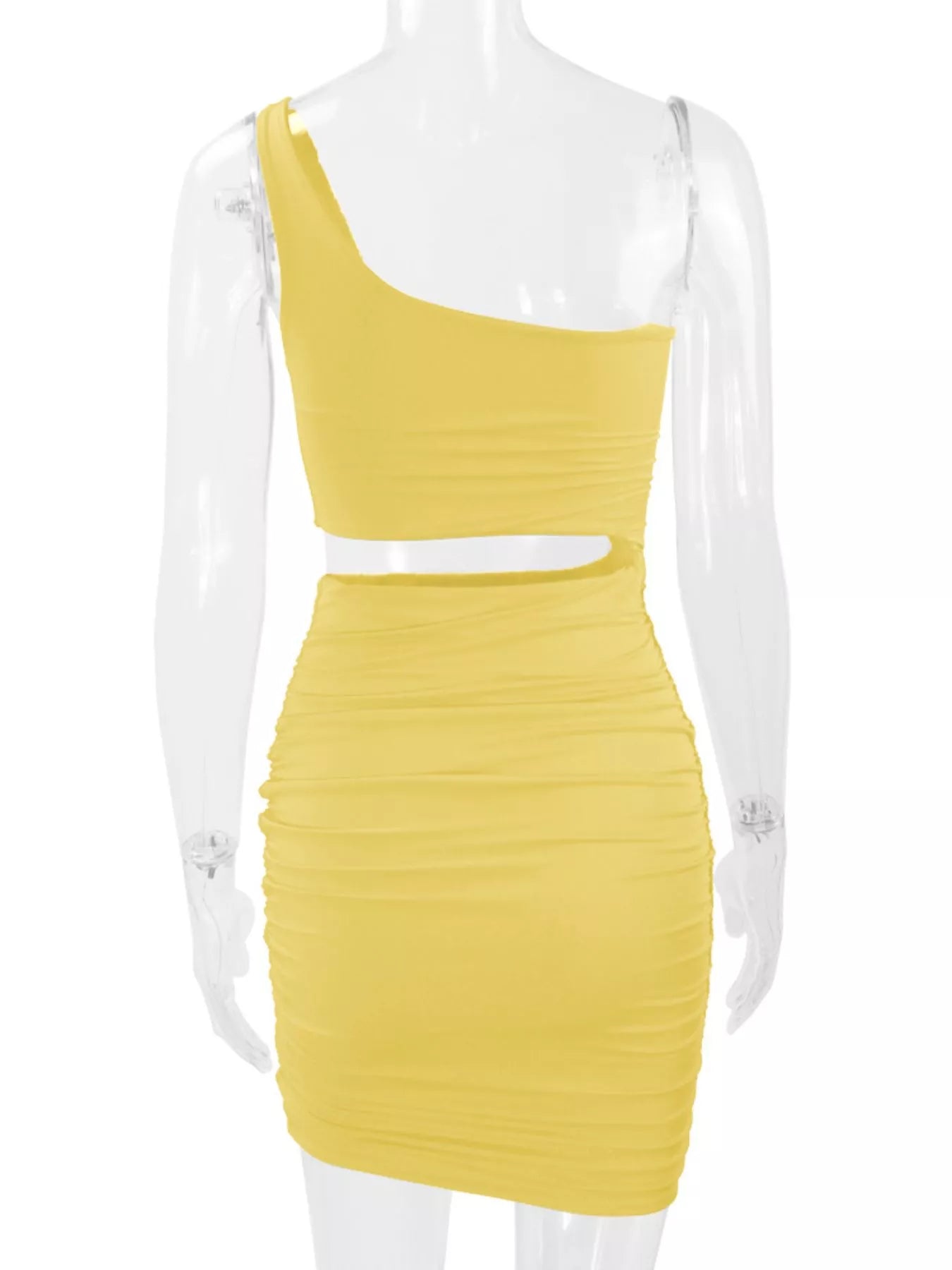Back view of light yellow one shoulder cutout ruched bodycon mini dress on a clear mannequin