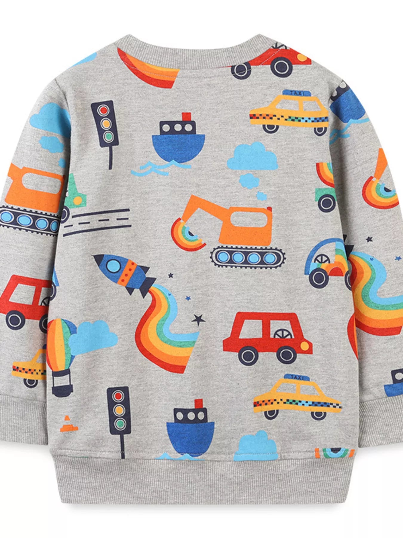 Back view of light gray children's long sleeve sweatshirt with all over transportation print