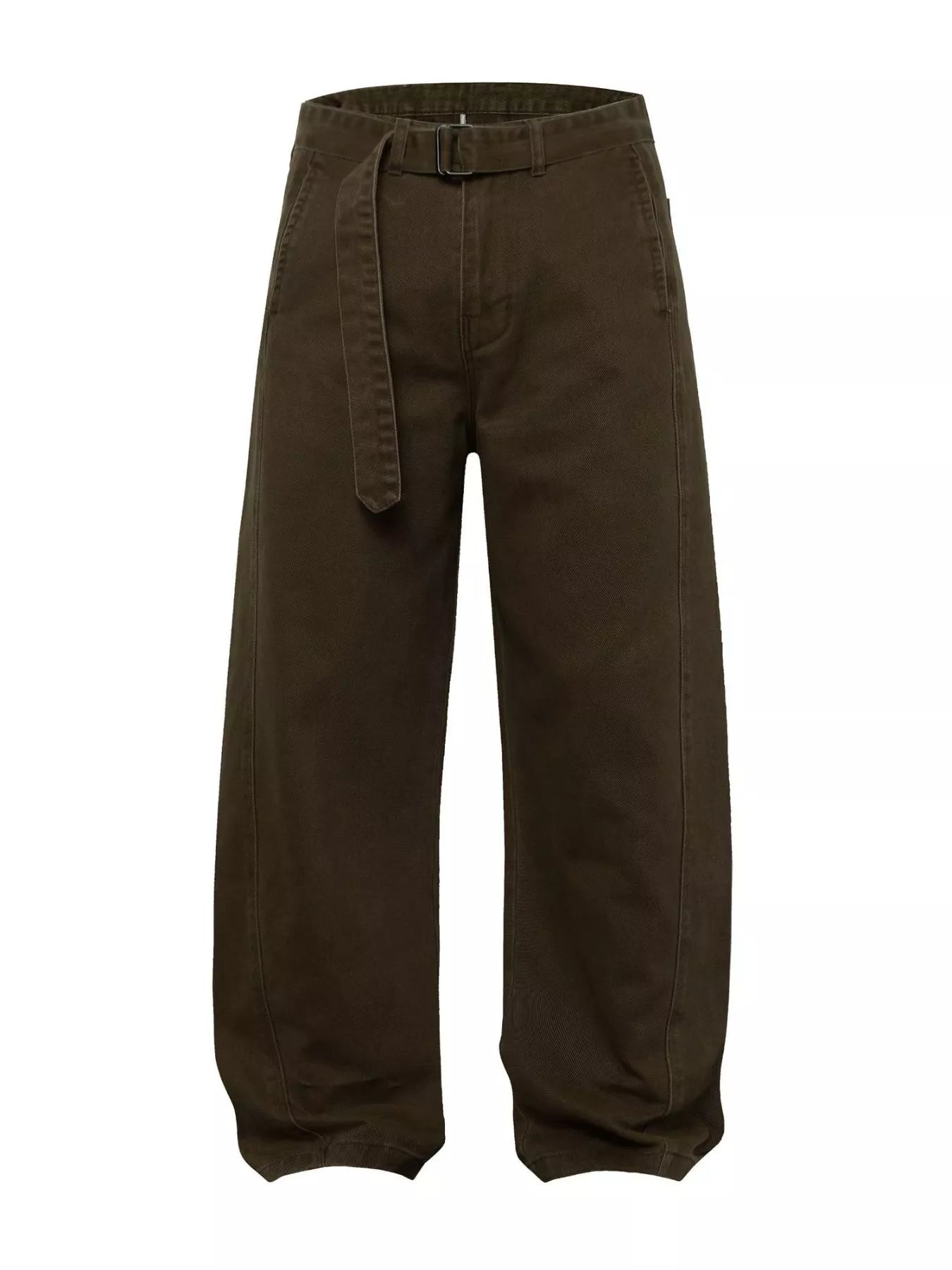 Men's dark brown wide-leg cargo pants with a belt.