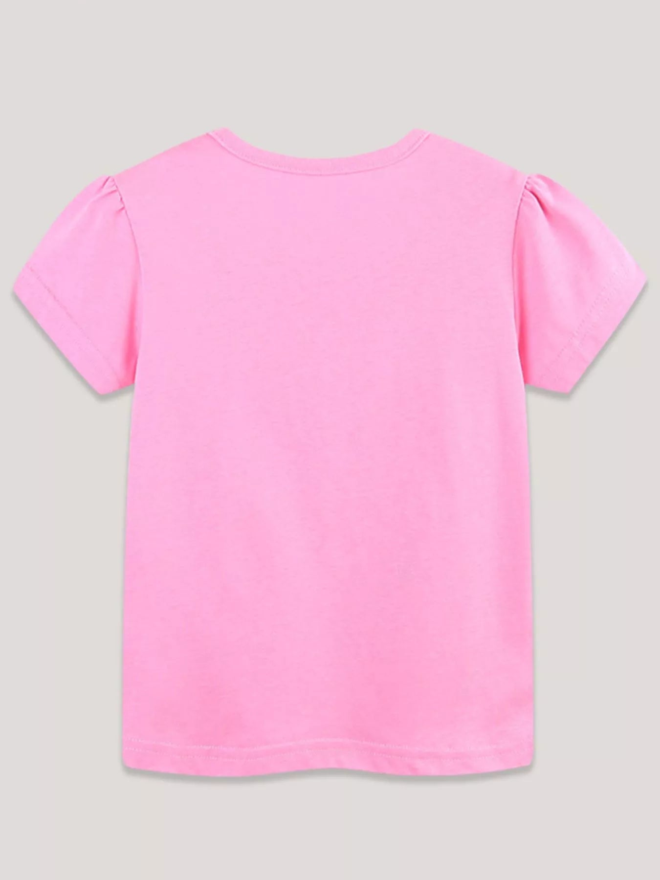 Back view of plain pink children's short sleeve t-shirt laid flat with no print