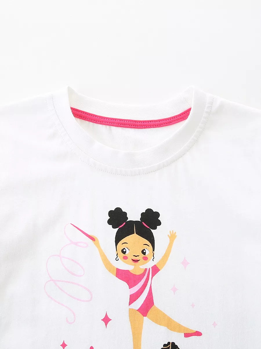 Close up of the round neckline with pink inner trim on a white children's gymnastics tee
