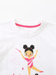 Close up of the round neckline with pink inner trim on a white children's gymnastics tee