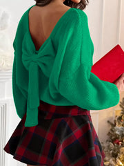 Back Bowknot Long Sleeve Sweater Green / S