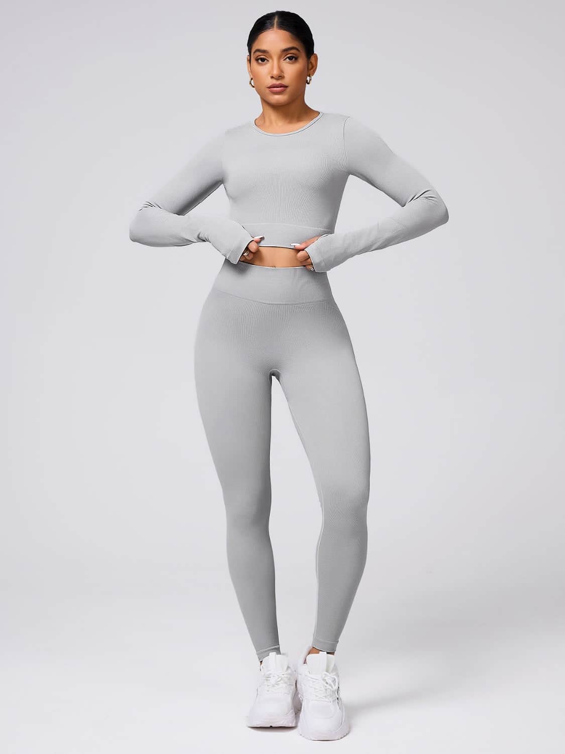 Back Crisscross Round Neck Long Sleeve Top and Leggings Active Set Light Gray / S