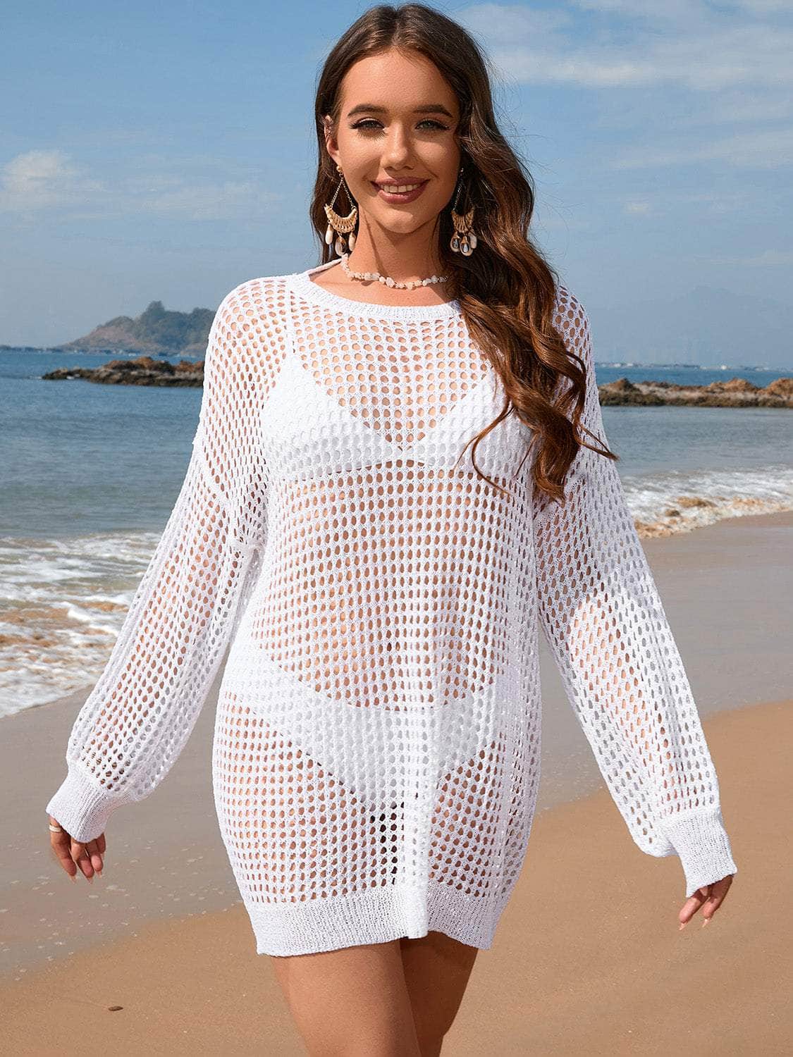 Backless Boat Neck Long Sleeve Cover Up White / S