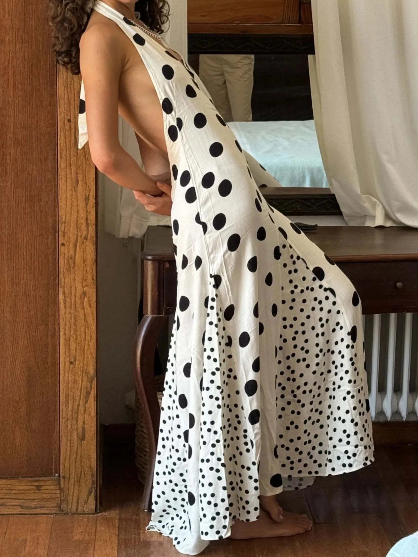 Backless Halter Neck Polka Dot Maxi Dress