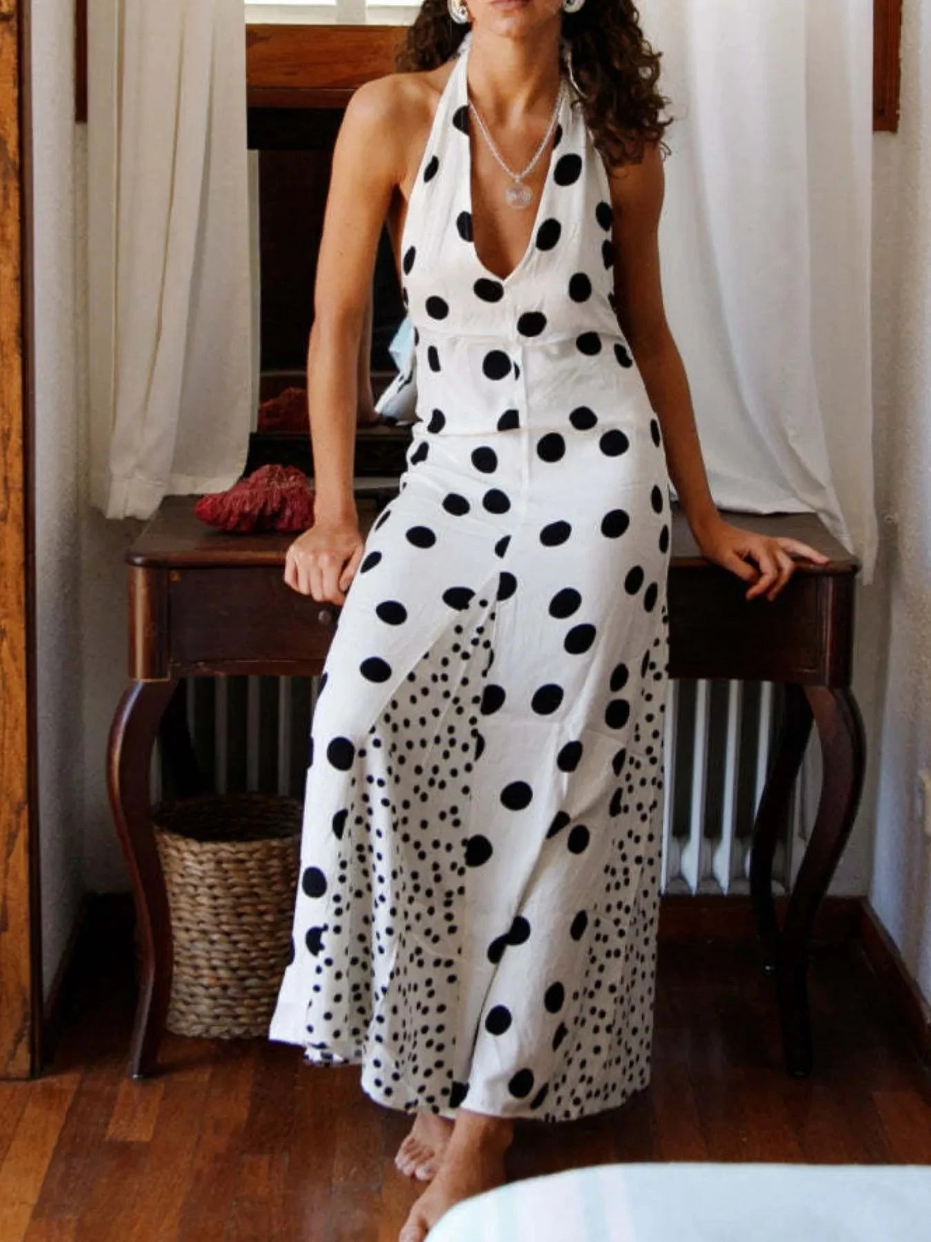 Backless Halter Neck Polka Dot Maxi Dress White / S