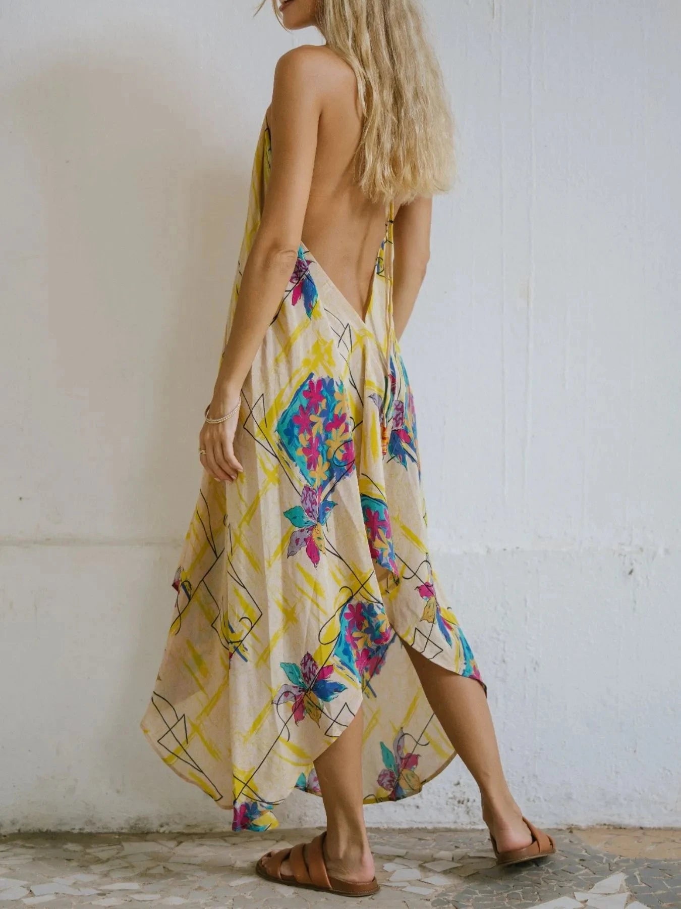 Backless Printed Halter Neck Maxi Dress