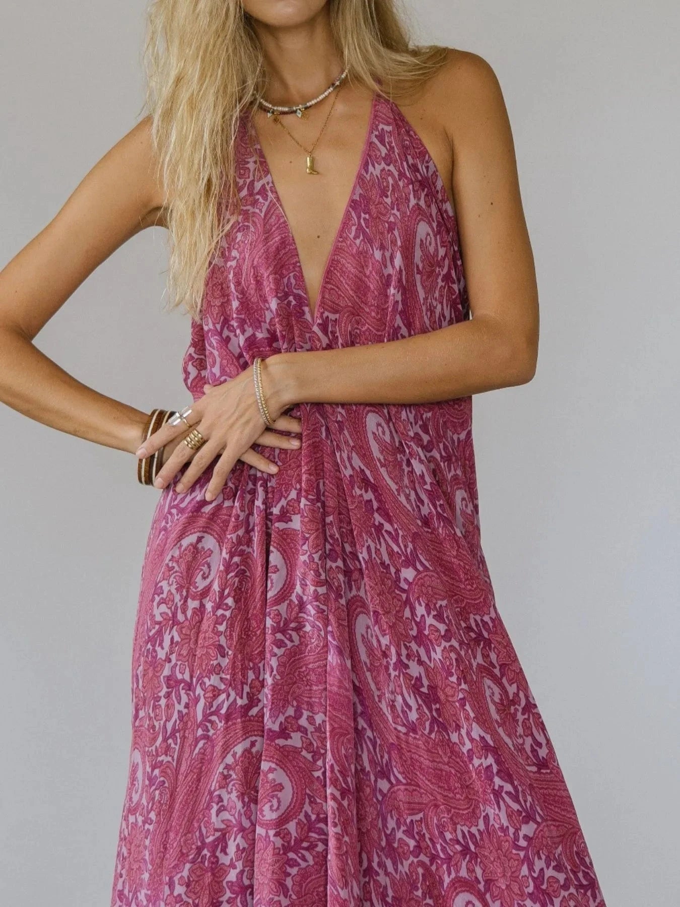 Backless Printed Halter Neck Maxi Dress