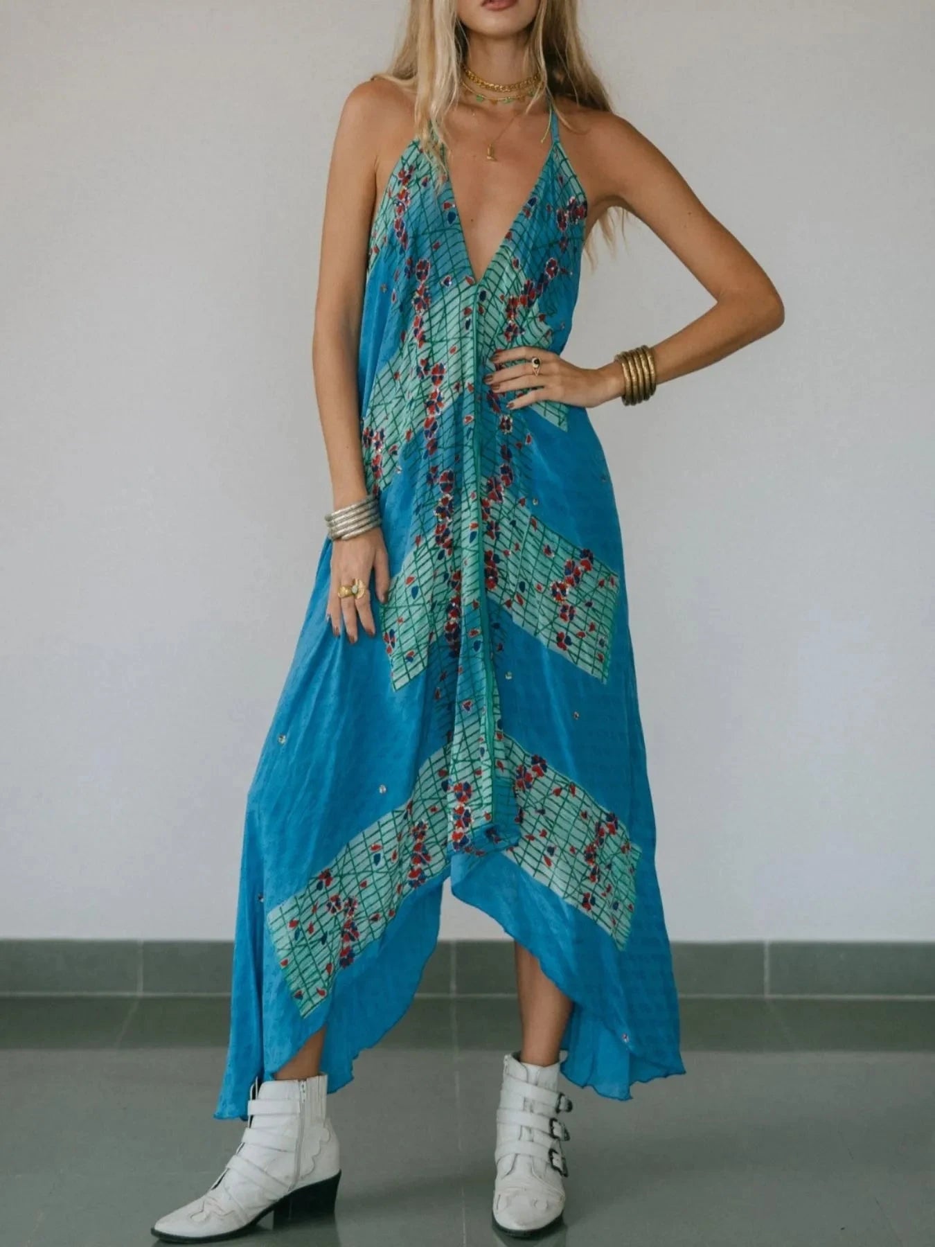 Backless Printed Halter Neck Maxi Dress