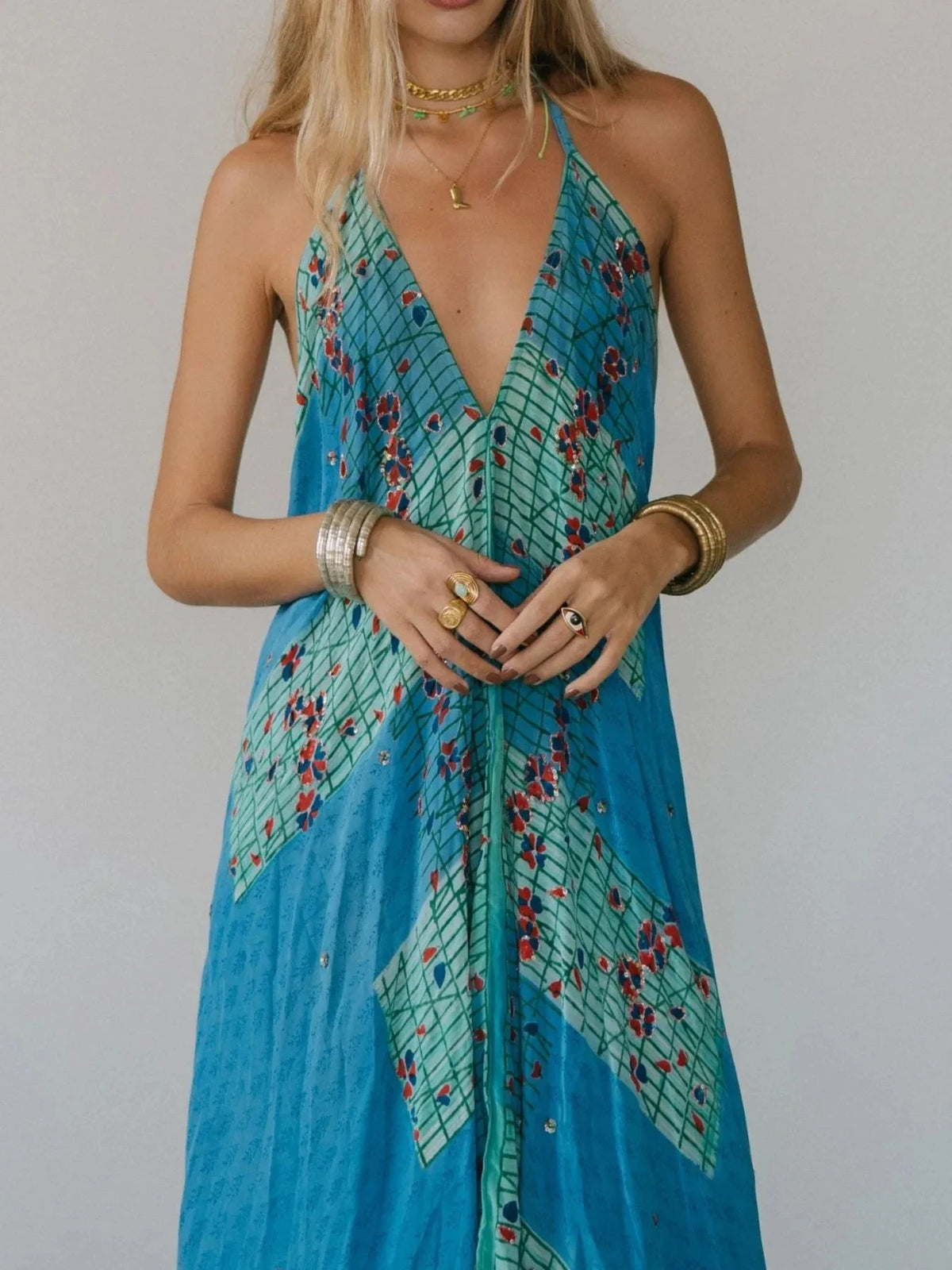 Backless Printed Halter Neck Maxi Dress Sky Blue / S