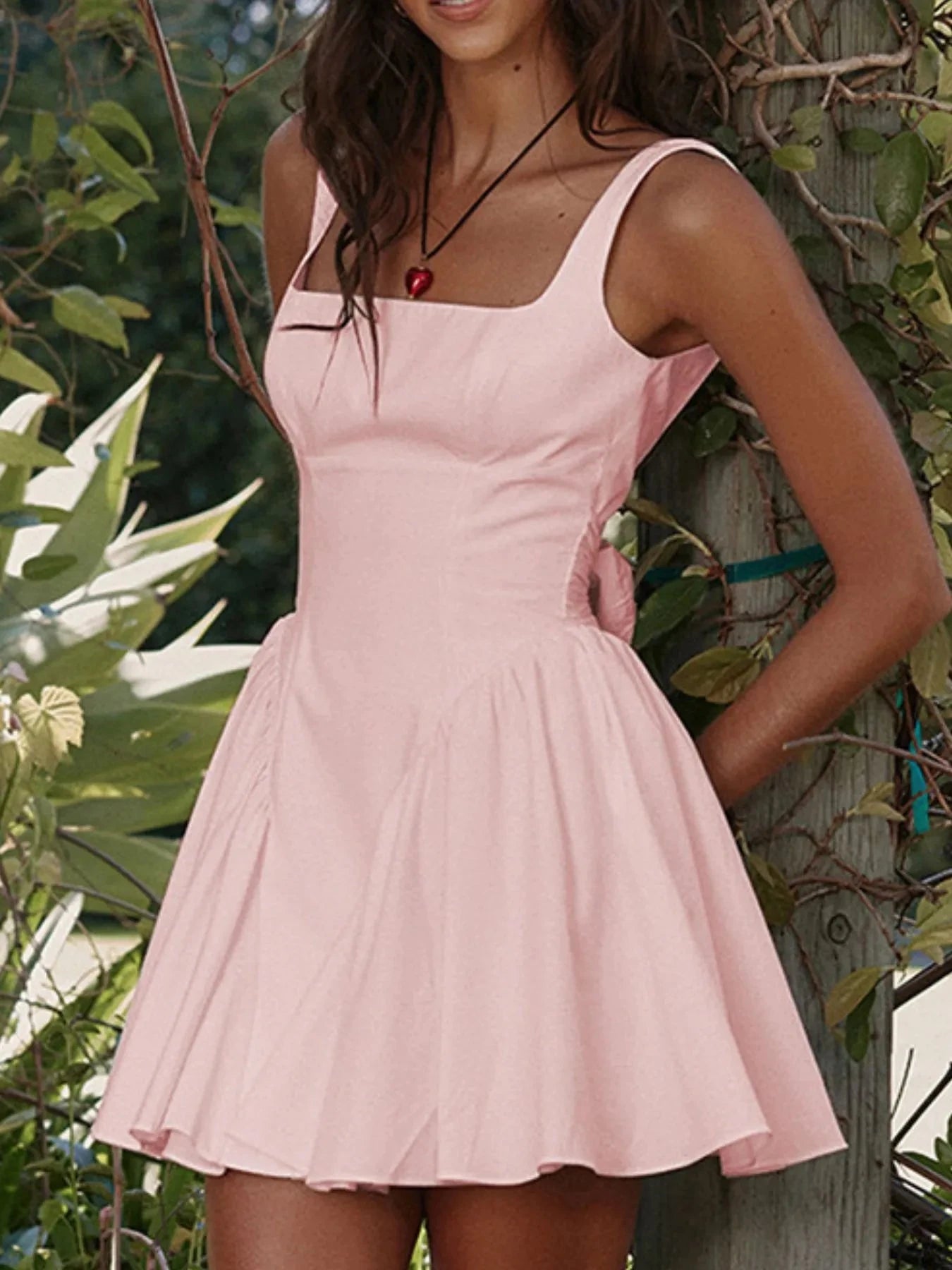 Backless Square Neck Mini Dress Pink / S