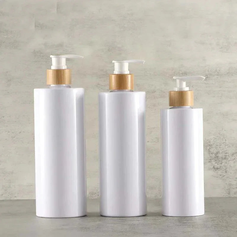 Bamboo pump dispenser: bathroom PET soap bottle, refillable shower gel