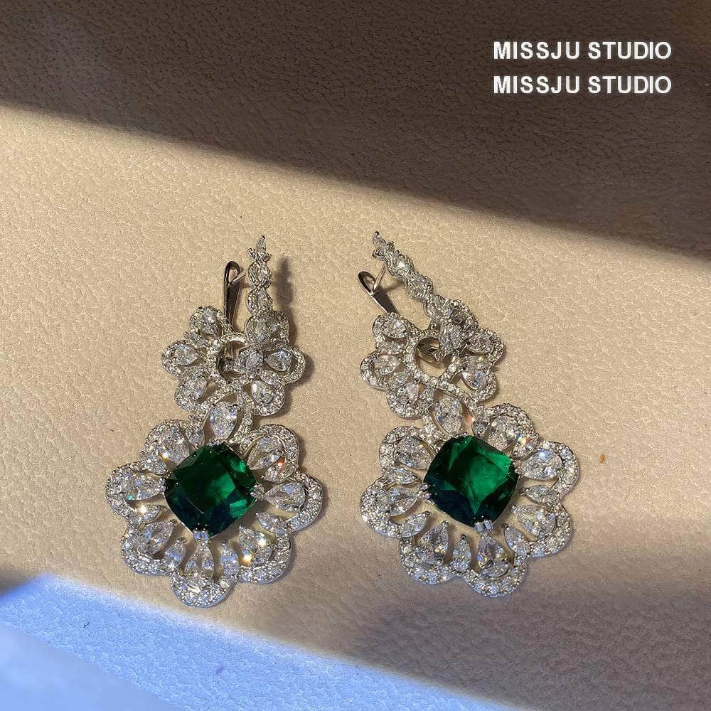 Baroque Luxury Emerald Crystal Inlaid Silver Earrings Green