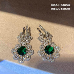 Baroque Luxury Emerald Crystal Inlaid Silver Earrings Green