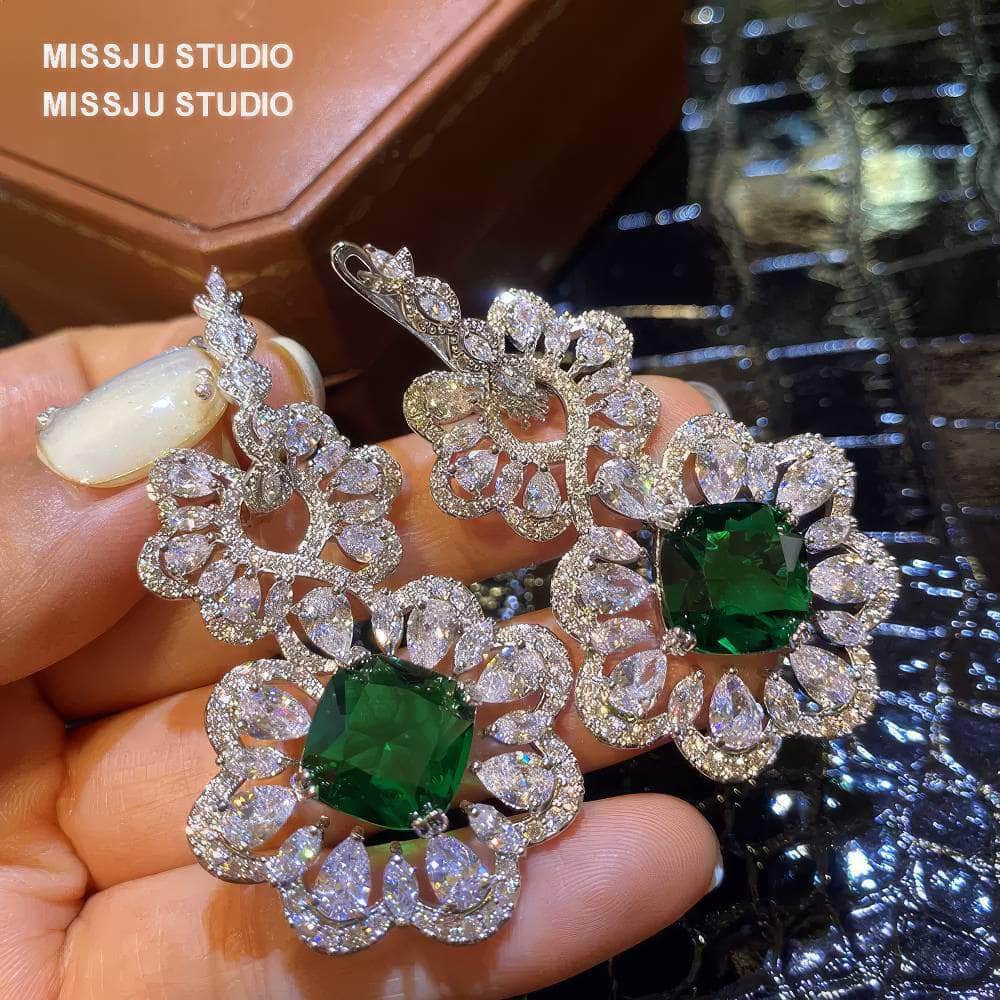 Baroque Luxury Emerald Crystal Inlaid Silver Earrings Green
