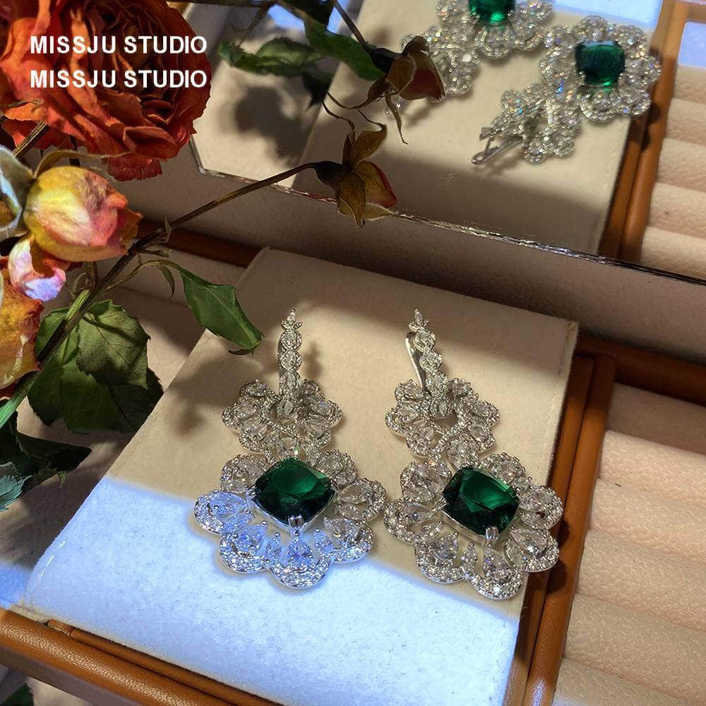 Baroque Luxury Emerald Crystal Inlaid Silver Earrings Green