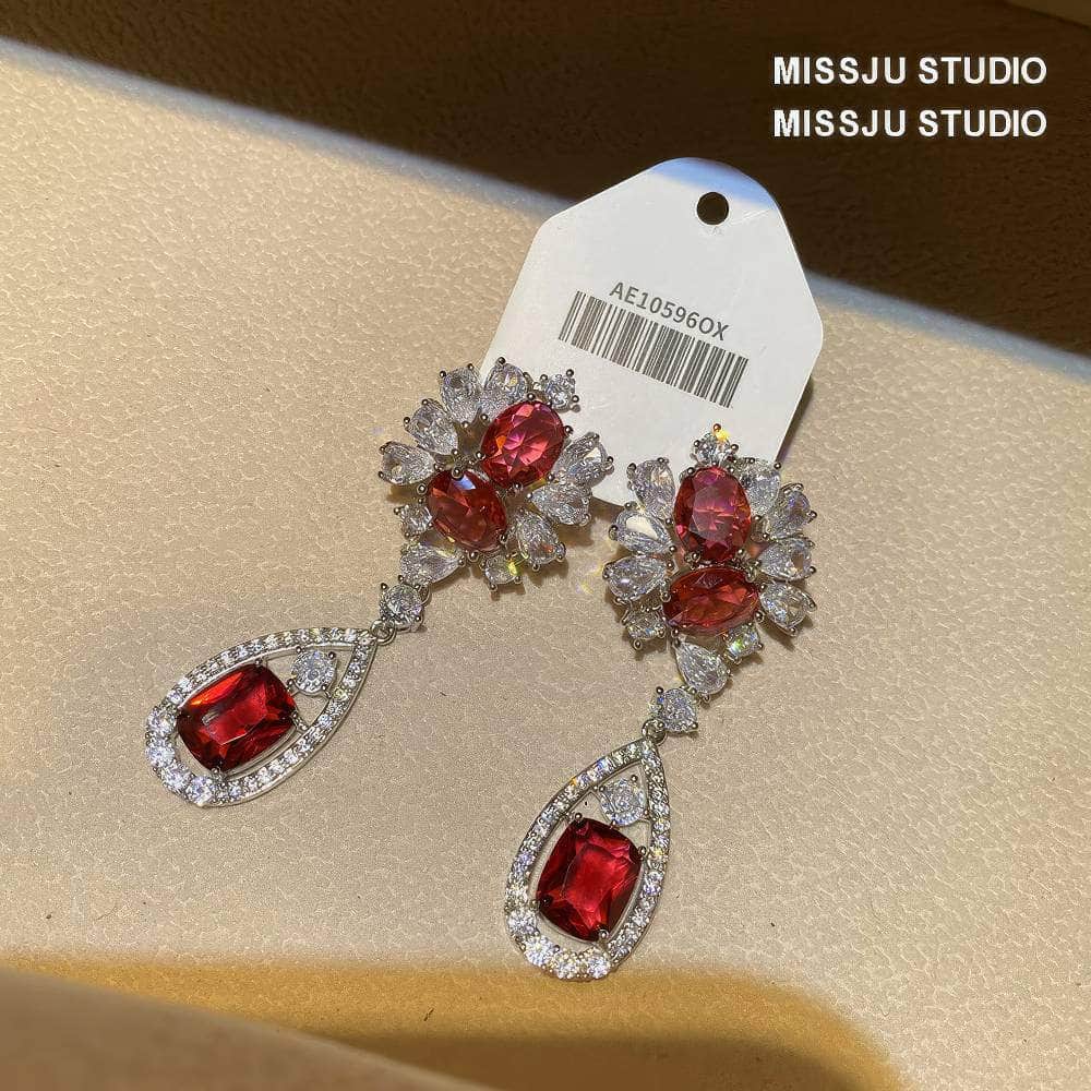 Baroque Ruby Crystals Paved Dangle Earrings Red