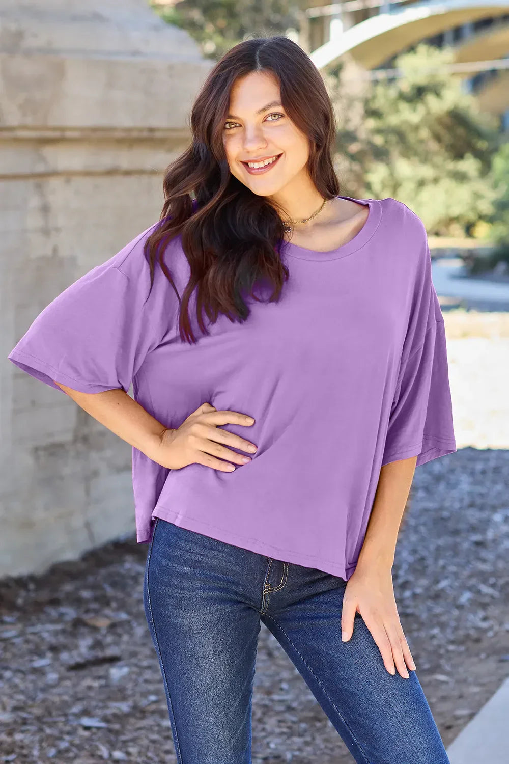 Basic Bae Bamboo Full Size Round Neck Drop Shoulder T-Shirt Lavender / S
