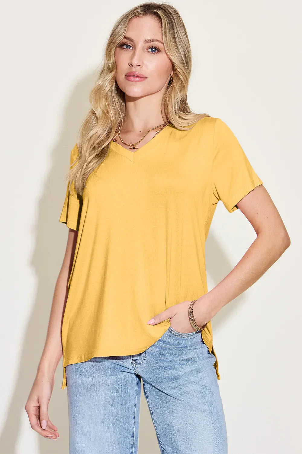 Basic Bae Bamboo Full Size V-Neck High-Low T-Shirt Yellow / S