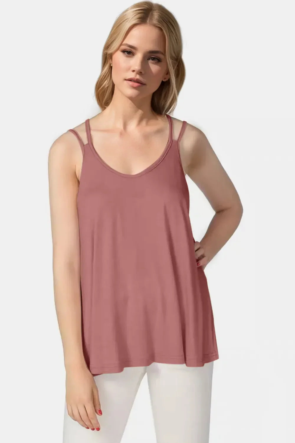 Basic Bae Bamboo Scoop Neck Double Spaghetti Straps Cami Dusty Pink / S