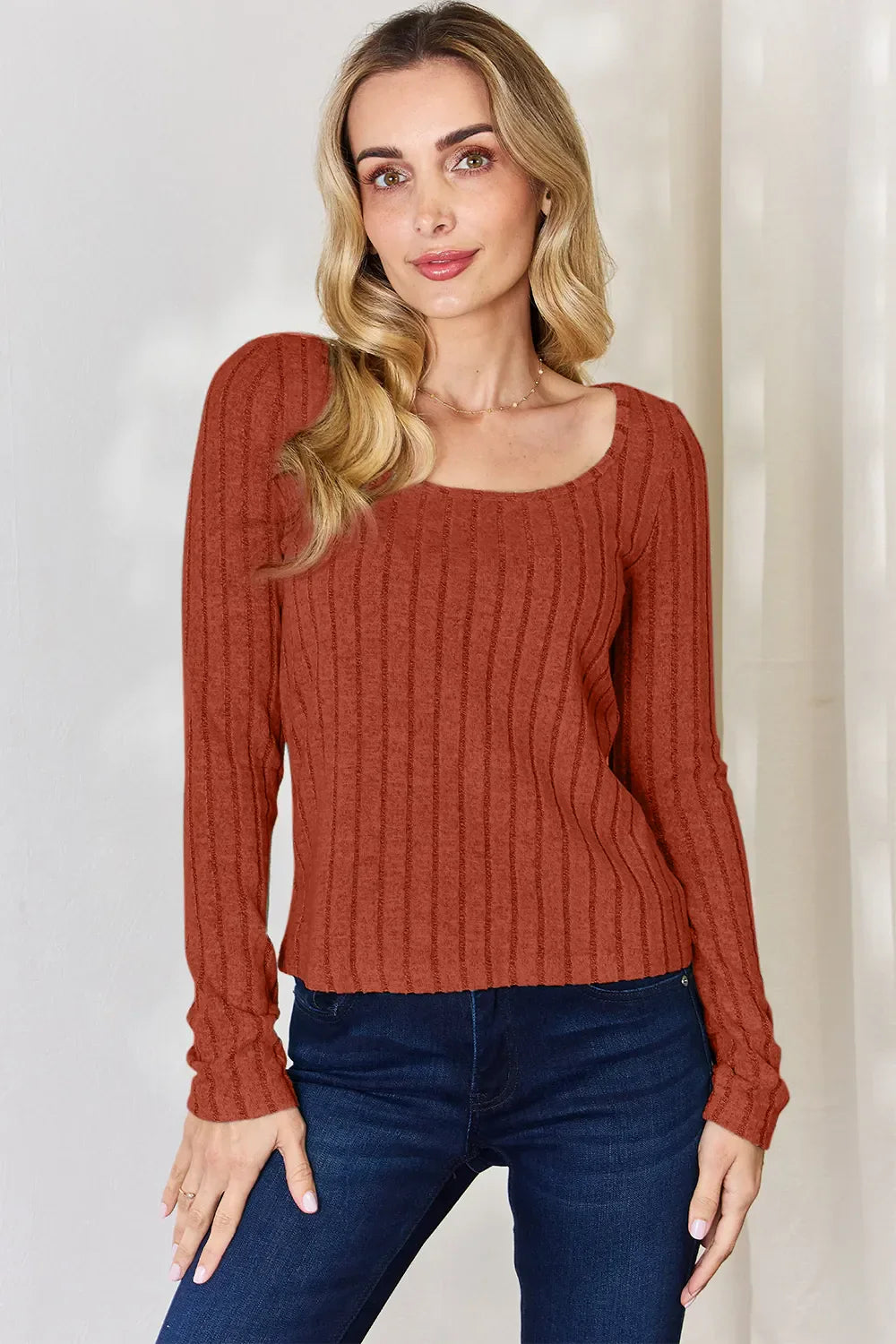 Basic Bae Full Size Ribbed Long Sleeve T-Shirt Rust / S