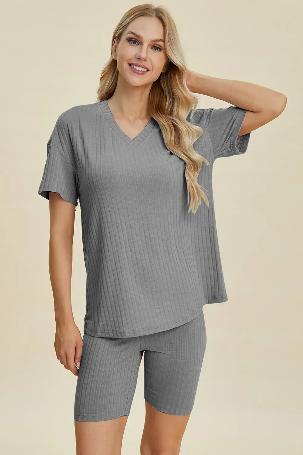 Basic Bae Full Size Ribbed V-Neck Short Sleeve Top and Shorts Set Gray / S