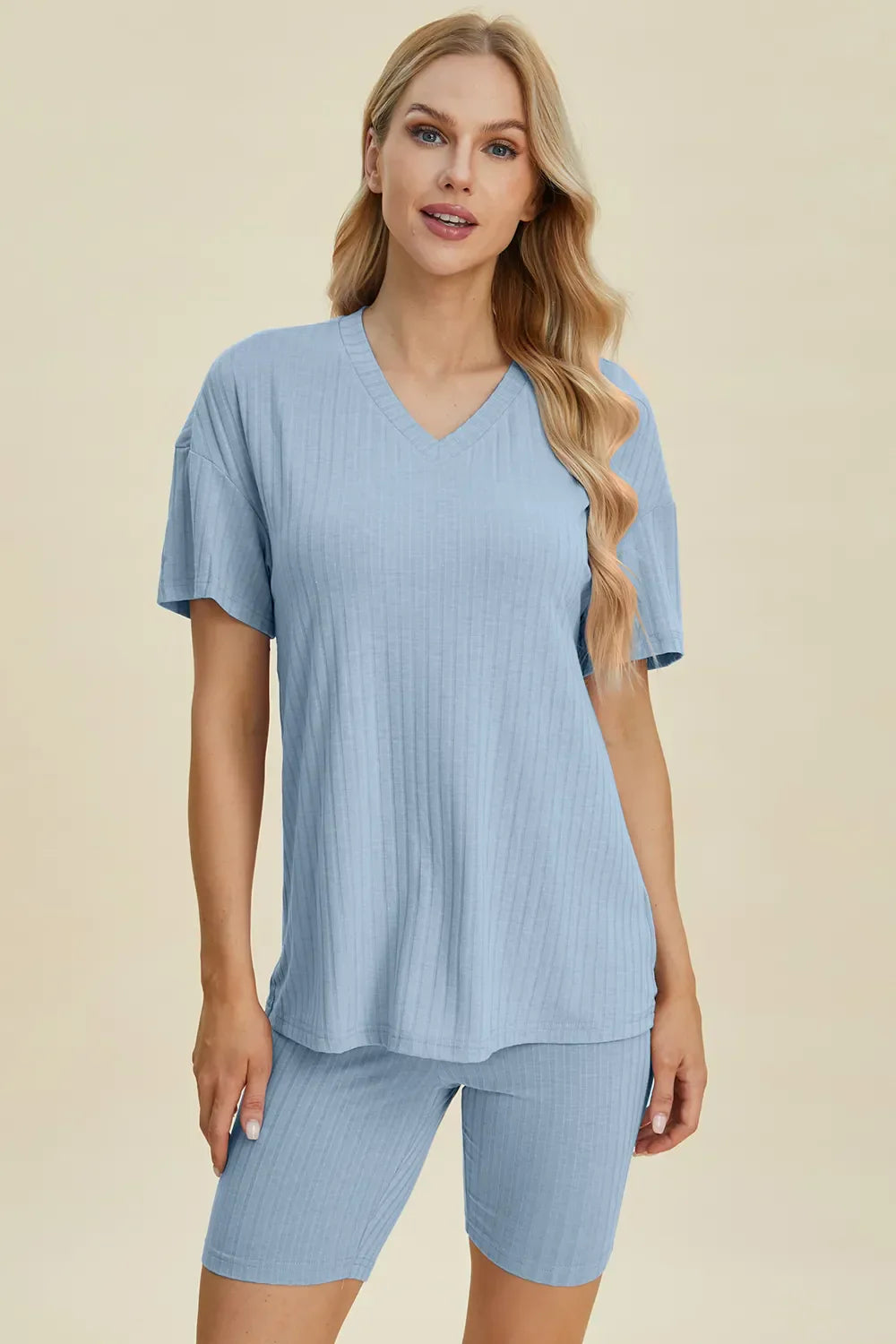 Basic Bae Full Size Ribbed V-Neck Short Sleeve Top and Shorts Set Light Blue / S