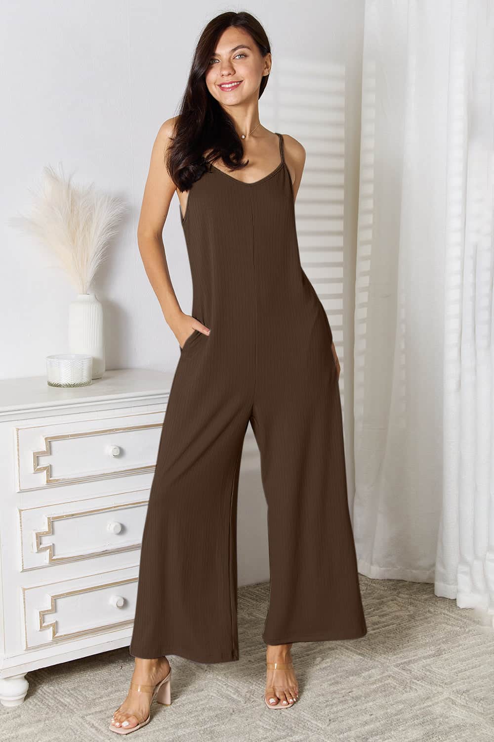 Basic Bae Full Size Spaghetti Strap V-Neck Jumpsuit Chocolate / S