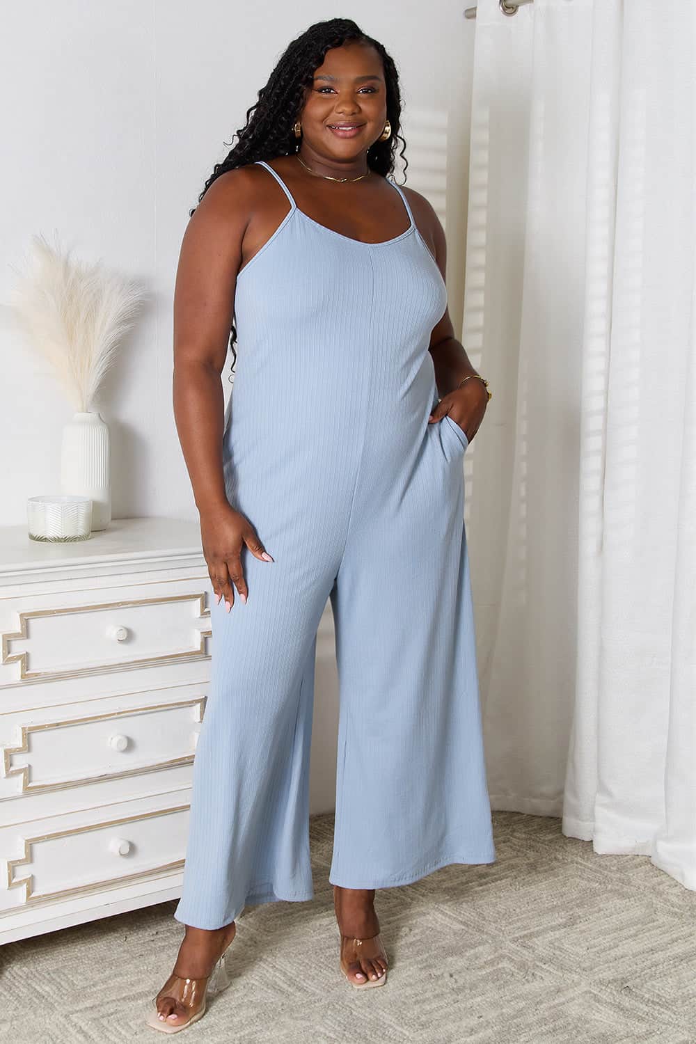 Basic Bae Full Size Spaghetti Strap V-Neck Jumpsuit Light Blue / S