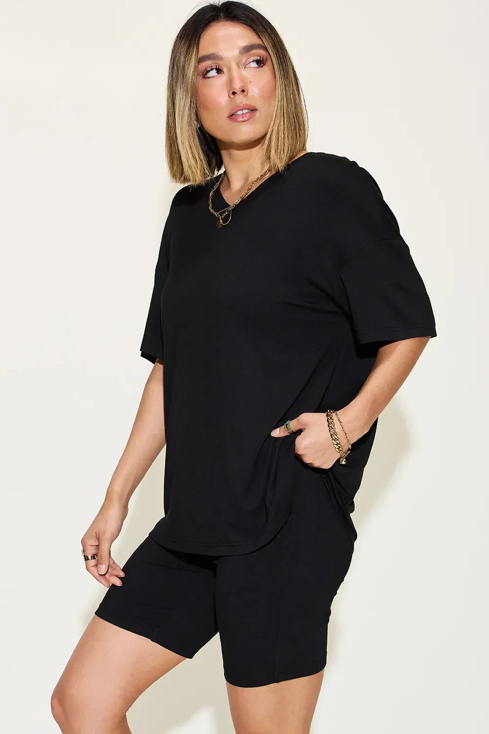 Basic Bae Full Size V-Neck Drop Shoulder T-Shirt and Shorts Set Black / S
