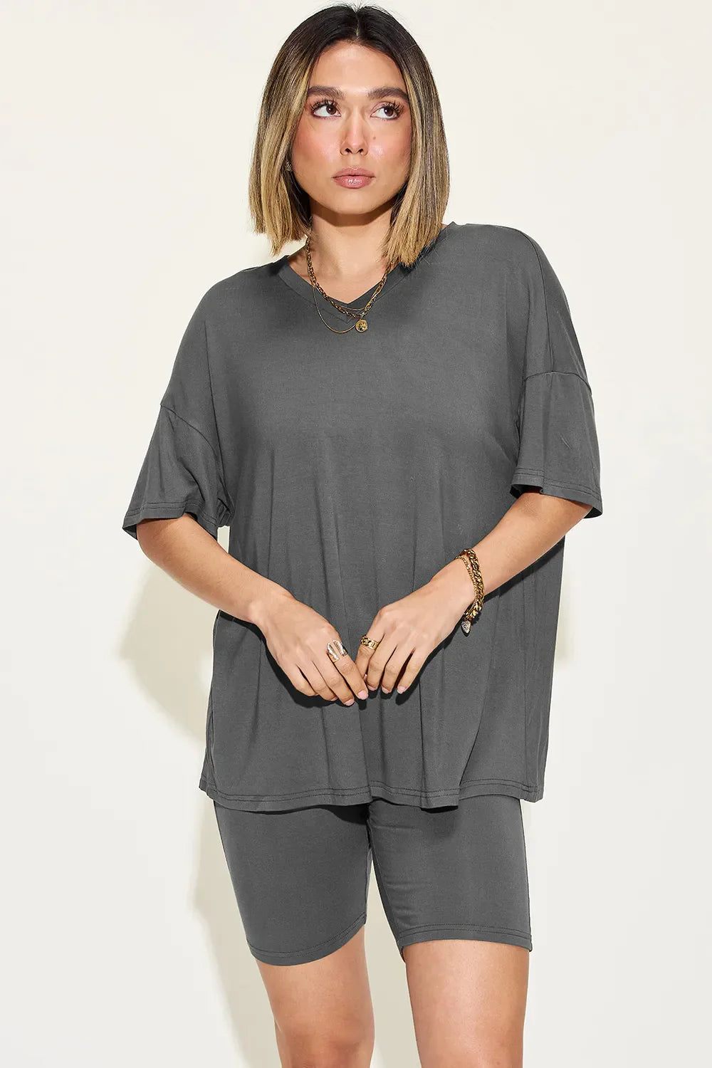 Basic Bae Full Size V-Neck Drop Shoulder T-Shirt and Shorts Set Dark Gray / S
