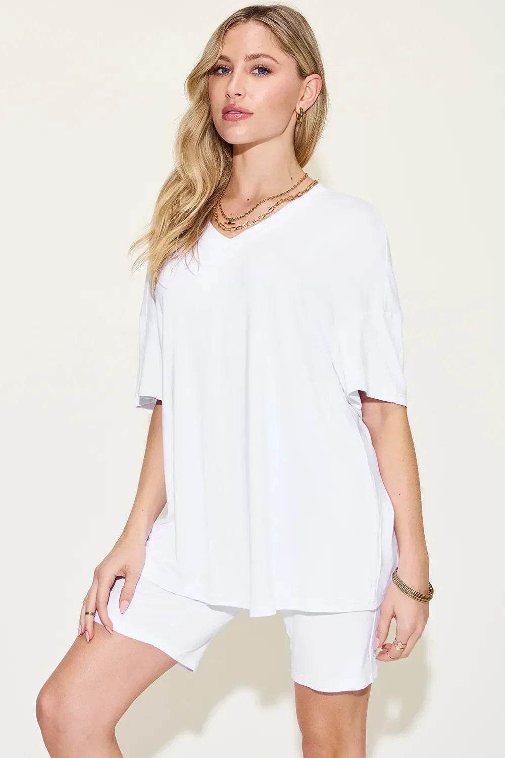 Basic Bae Full Size V-Neck Drop Shoulder T-Shirt and Shorts Set White / S
