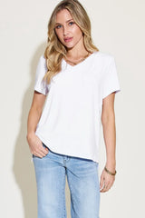 Basic Bae Full Size V-Neck High-Low T-Shirt White / S