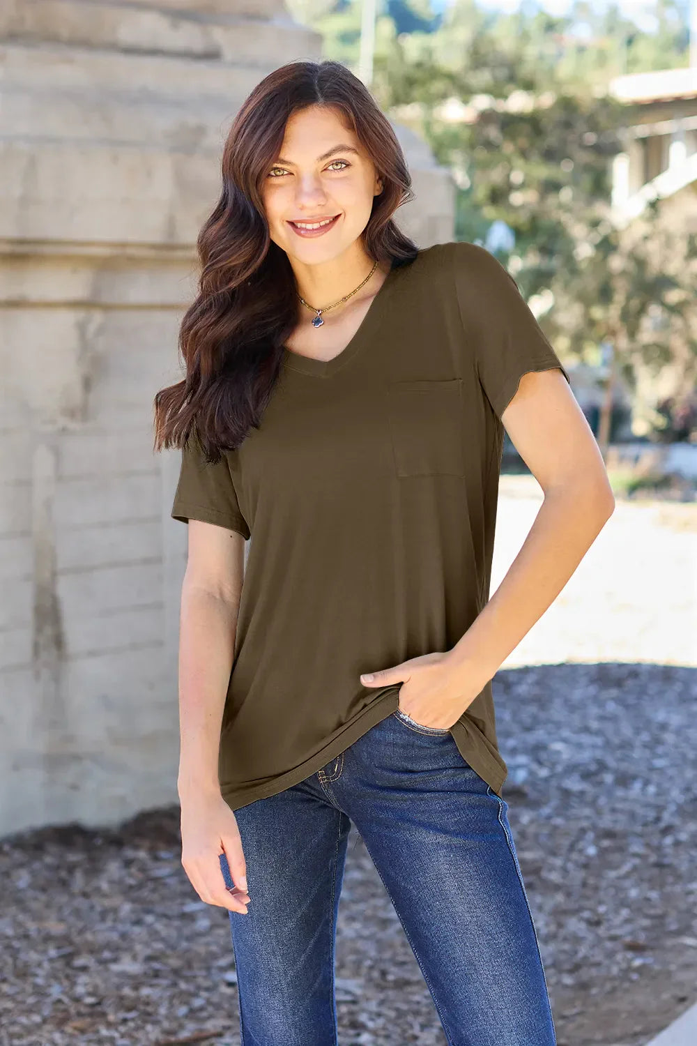 Basic Bae Full Size V-Neck Short Sleeve T-Shirt Mocha / S