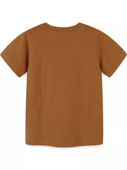 Back view of a children's plain brown short sleeve t-shirt with a ribbed round neckline