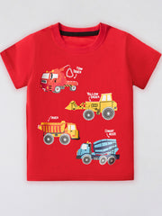Flat front view of a red children's tee with a tow truck, digger and cement mixer