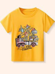 Flat front view of a gold children's tee with cartoon animals driving a fire truck