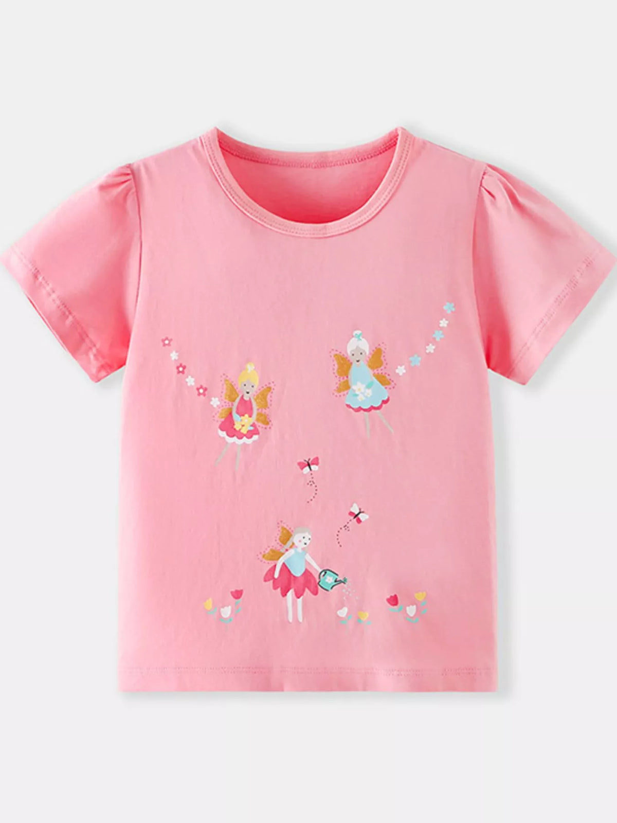 Blush pink children's round neck T-shirt with three fairies, butterflies and small flowers, front view