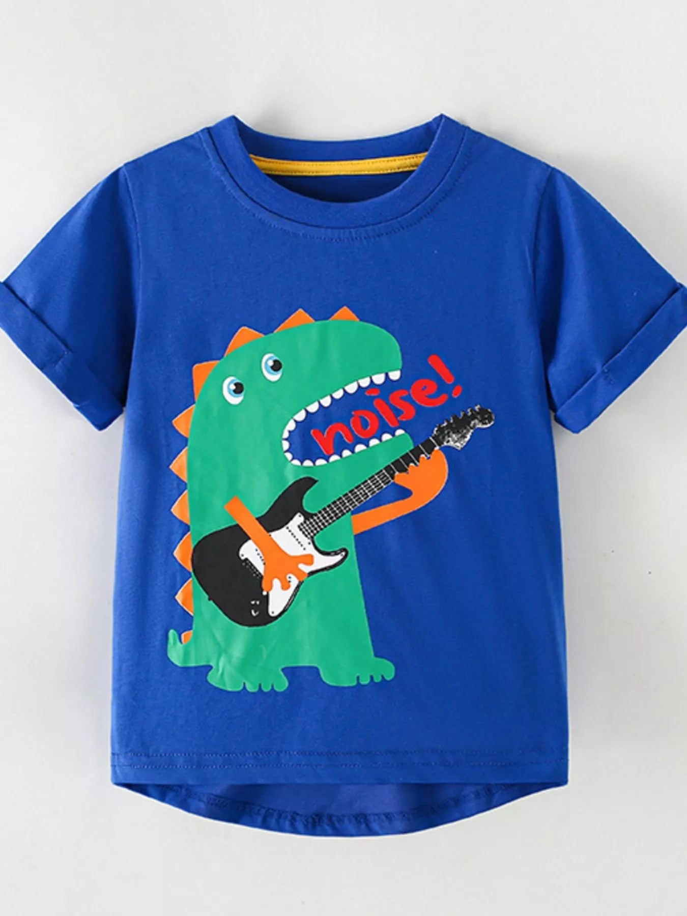 Flat front view of royal blue children's t-shirt with green dinosaur guitar graphic
